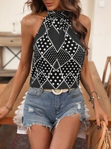 Breezaya Polka Dot & Geo Print Tie Back Halter Neck Blouse - Black and White - View 6