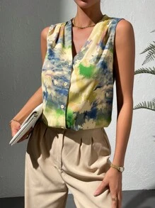 Chiquease Tie Dye Button Front Sleeveless Blouse - Multicolor - View 5