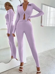 Chiquease Zip Up Ribbed Knit Jacket & Leggings