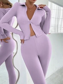 Chiquease Zip Up Ribbed Knit Jacket & Leggings