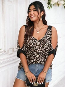 SHEIN LUNE Áo thun Plus size Cắt ra Tương phản ràng buộc In hoa Báo Giải trí - Nhiều màu - Xem 4