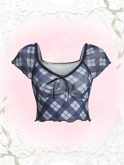 Plaid Print Lettuce Trim Knot Front Tee