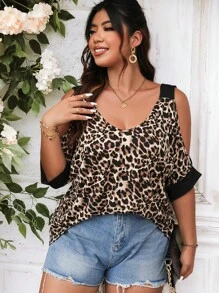 SHEIN LUNE Áo thun Plus size Cắt ra Tương phản ràng buộc In hoa Báo Giải trí - Nhiều màu - Xem 5