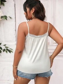 SHEIN Privé Áo hai dây Plus Size Tương phản ren màu trơn Giải trí - trắng - Xem 2