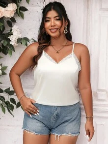 SHEIN Privé Áo hai dây Plus Size Tương phản ren màu trơn Giải trí - trắng - Xem 4