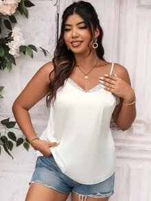 SHEIN Privé Áo hai dây Plus Size Tương phản ren màu trơn Giải trí - trắng - Xem 5