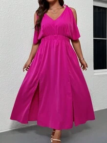 SHEIN Clasi 大碼挖肩高衩連衣裙 - 玫紅色 - 查看 4