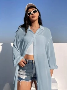SHEIN EZwear Plus Drop Shoulder Button Front Shirt Without Camisole - Baby Blue - View 2