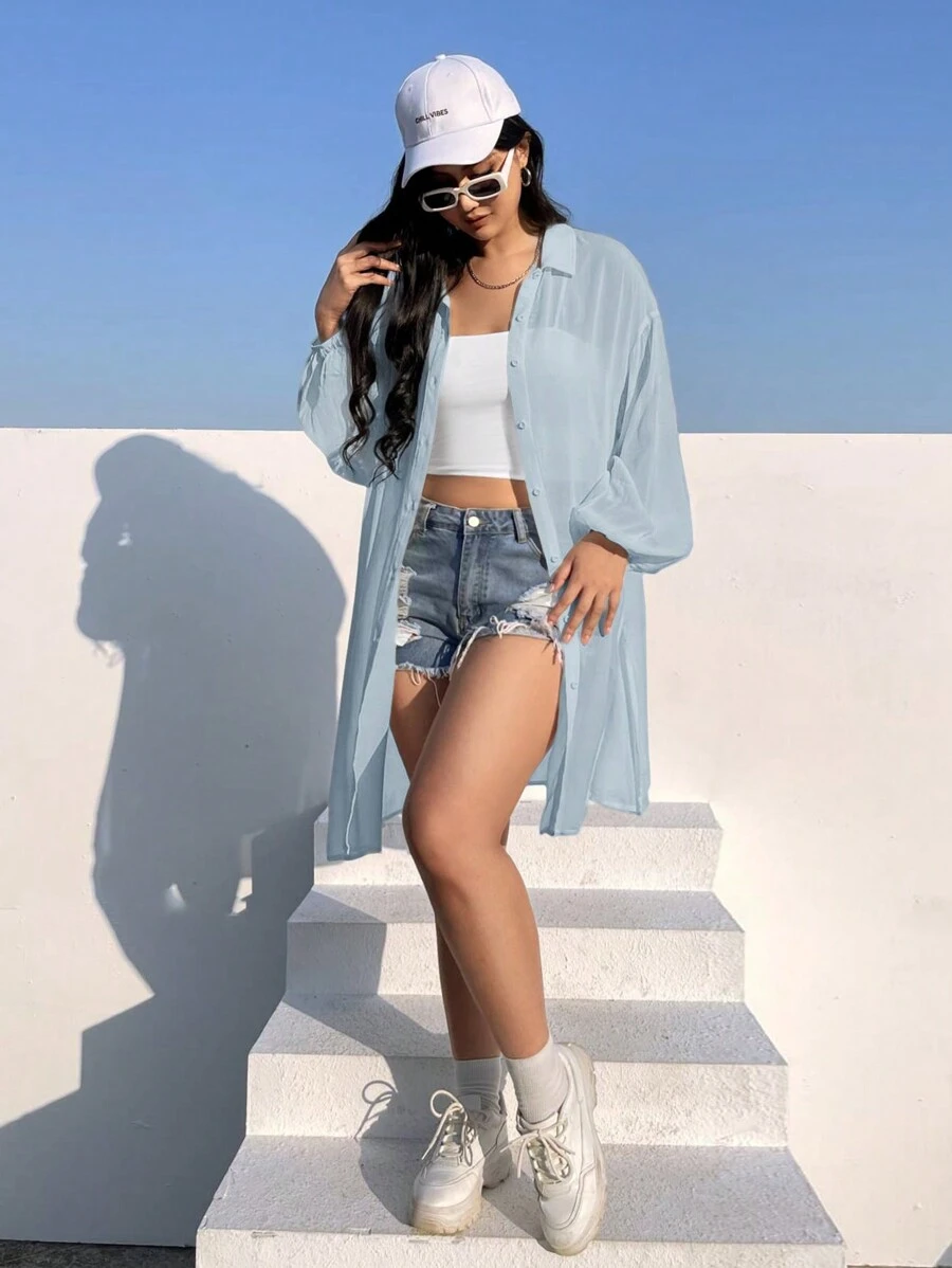 SHEIN EZwear Plus Drop Shoulder Button Front Shirt Without Camisole - Baby Blue - View 1