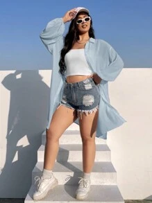 SHEIN EZwear Plus Drop Shoulder Button Front Shirt Without Camisole - Baby Blue - View 3
