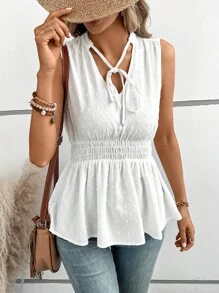SHEIN LUNE Swiss Dot Tie Neck Peplum Blouse - White - View 3