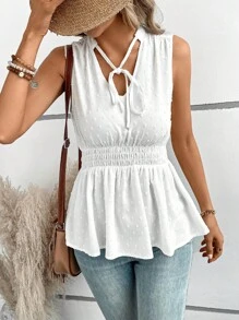 SHEIN LUNE Swiss Dot Tie Neck Peplum Blouse - White - View 2