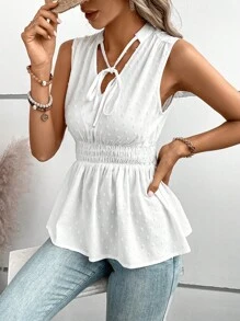 SHEIN LUNE Swiss Dot Tie Neck Peplum Blouse - White - View 1