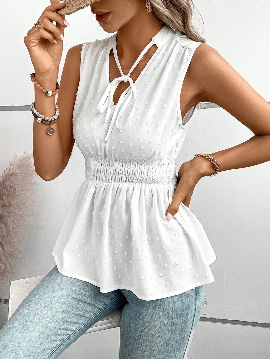 SHEIN LUNE Swiss Dot Tie Neck Peplum Blouse - White - View 1