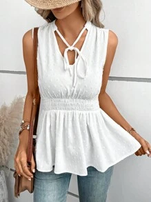 SHEIN LUNE Swiss Dot Tie Neck Peplum Blouse - White - View 6