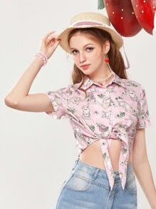 ROMWE Kawaii Cartoon Graphic Knot Hem Crop Shirt - Pink - View 2