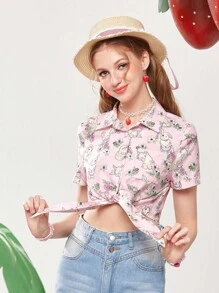 ROMWE Kawaii Cartoon Graphic Knot Hem Crop Shirt - Pink - View 3