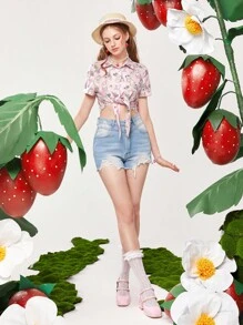 ROMWE Kawaii Cartoon Graphic Knot Hem Crop Shirt - Pink - View 4