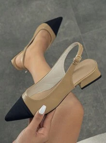女士新款时尚舒适简约百搭法式露跟拼接粗跟休闲平底鞋