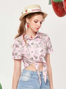 ROMWE Kawaii Cartoon Graphic Knot Hem Crop Shirt - Pink - View 5