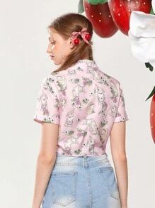 ROMWE Kawaii Cartoon Graphic Knot Hem Crop Shirt - Pink - View 6