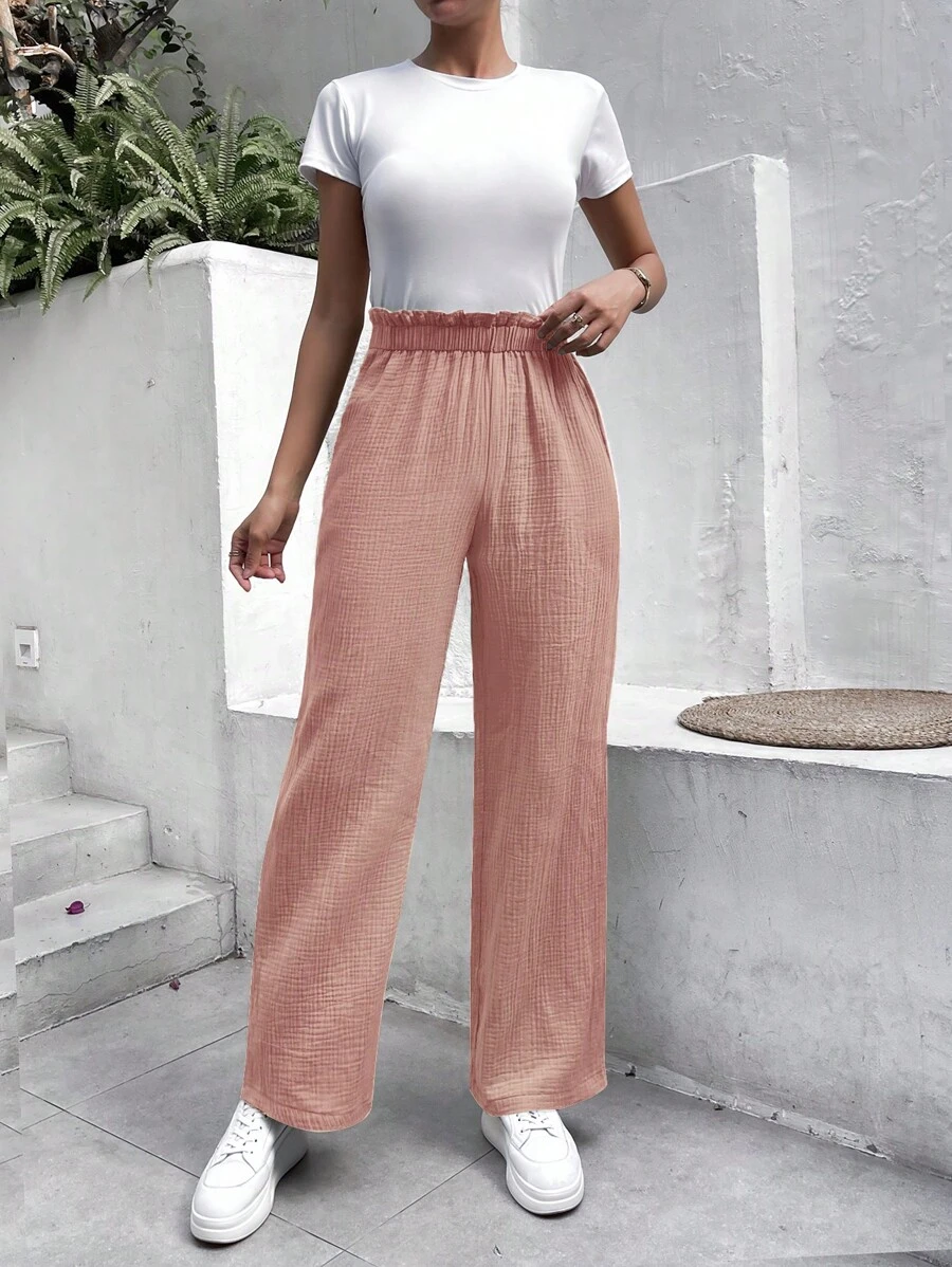 SHEIN Frenchy Pantalones unicolor de cintura con volante - Rosa - Ver 1