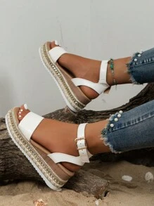 NỮ Trắng Đơn giản Khóa Dép quai hậu , Gót giữa Chóp giầy mở ra Dép xăng đan - trắng - Xem 4