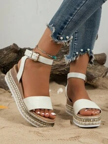 NỮ Trắng Đơn giản Khóa Dép quai hậu , Gót giữa Chóp giầy mở ra Dép xăng đan - trắng - Xem 5