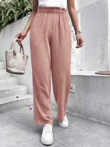 SHEIN Frenchy Pantalones unicolor de cintura con volante - Rosa - Ver 3