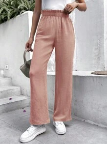 SHEIN Frenchy Pantalones unicolor de cintura con volante - Rosa - Ver 5