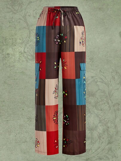 Hose mit Patchwork Muster, Knoten auf Taille, seitlichen Pattentaschen,