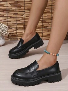 女性一腳蹬素色厚底樂福坡跟鞋,優雅坡跟鞋適合夏天 - 黑色 - 查看 3