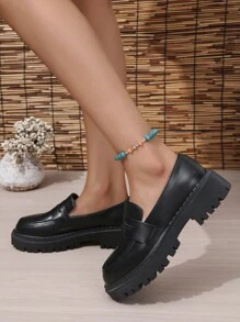 女性一腳蹬素色厚底樂福坡跟鞋,優雅坡跟鞋適合夏天 - 黑色 - 查看 4