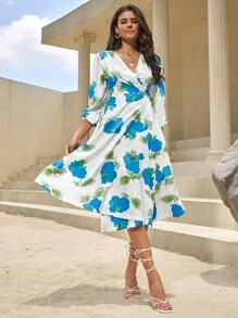 SHEIN Clasi 印花交疊領燈籠袖連衣裙 - 藍色 - 查看 5