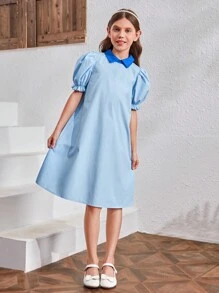 SHEIN 女孩撞色後綁帶蝴蝶結泡泡袖連衣裙 - 淺藍色 - 查看 2