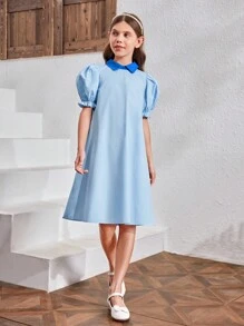 SHEIN 女孩撞色後綁帶蝴蝶結泡泡袖連衣裙 - 淺藍色 - 查看 3