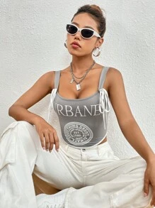 SHEIN Unity Áo khoác và áo lót dành cho xe tăng nữ Thắt nút Tương phản ràng buộc Lá thư Giải trí - Xám - Xem 3