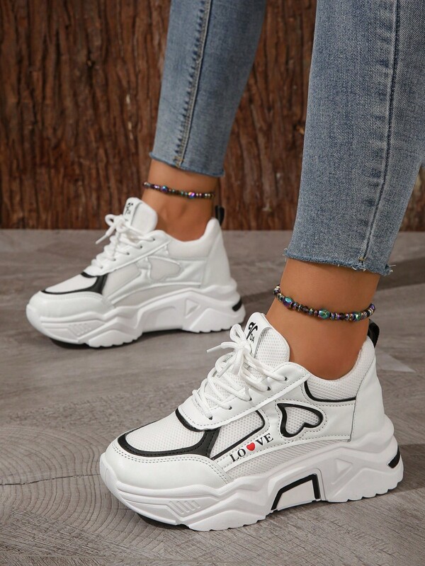 Donna con grafica lettera bicolore pannello in tulle Sneakers con zeppe , sportivo con lacci Scarpe grosse per esterno