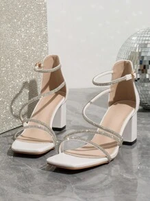 方头粗高跟水钻装饰闪亮优雅考究派对时尚百搭女士凉鞋 - 白色 - 查看 6