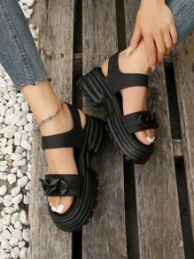 2025 年新款法式女士时尚露趾厚底凉鞋，百搭流行沙滩运动凉鞋 - 黑色 - 查看 2