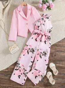SHEIN Tween Girl Lapel Neck Blazer & Floral Print Halter Neck Wide Leg Jumpsuit