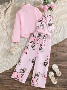 SHEIN Tween Girl Lapel Neck Blazer & Floral Print Halter Neck Wide Leg Jumpsuit