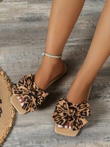 Women's Leopard Print Square Toe Bowknot Sandals, Spring And Summer Flat Slippers With Ankle Strap - Brown - View 2