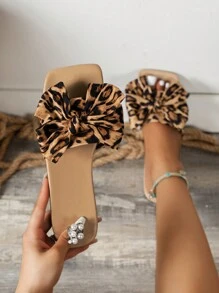 Women's Leopard Print Square Toe Bowknot Sandals, Spring And Summer Flat Slippers With Ankle Strap - Brown - View 3