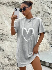 SHEIN Unity 愛心圖案落肩袖抽繩連帽連衣裙 - 灰色 - 查看 1