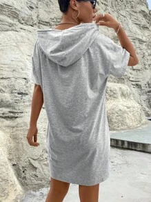 SHEIN Unity 愛心圖案落肩袖抽繩連帽連衣裙 - 灰色 - 查看 2