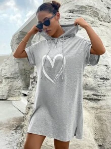 SHEIN Unity 愛心圖案落肩袖抽繩連帽連衣裙 - 灰色 - 查看 3