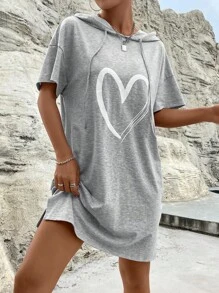 SHEIN Unity 愛心圖案落肩袖抽繩連帽連衣裙 - 灰色 - 查看 4