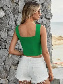 EURMUSE Solid Square Neck Crop Knit Top - Green - View 2