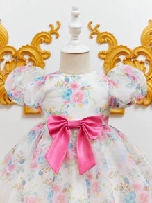 SHEIN 年輕女孩們印花泡泡袖前蝴蝶結派對禮服 - 彩色 - 查看 3